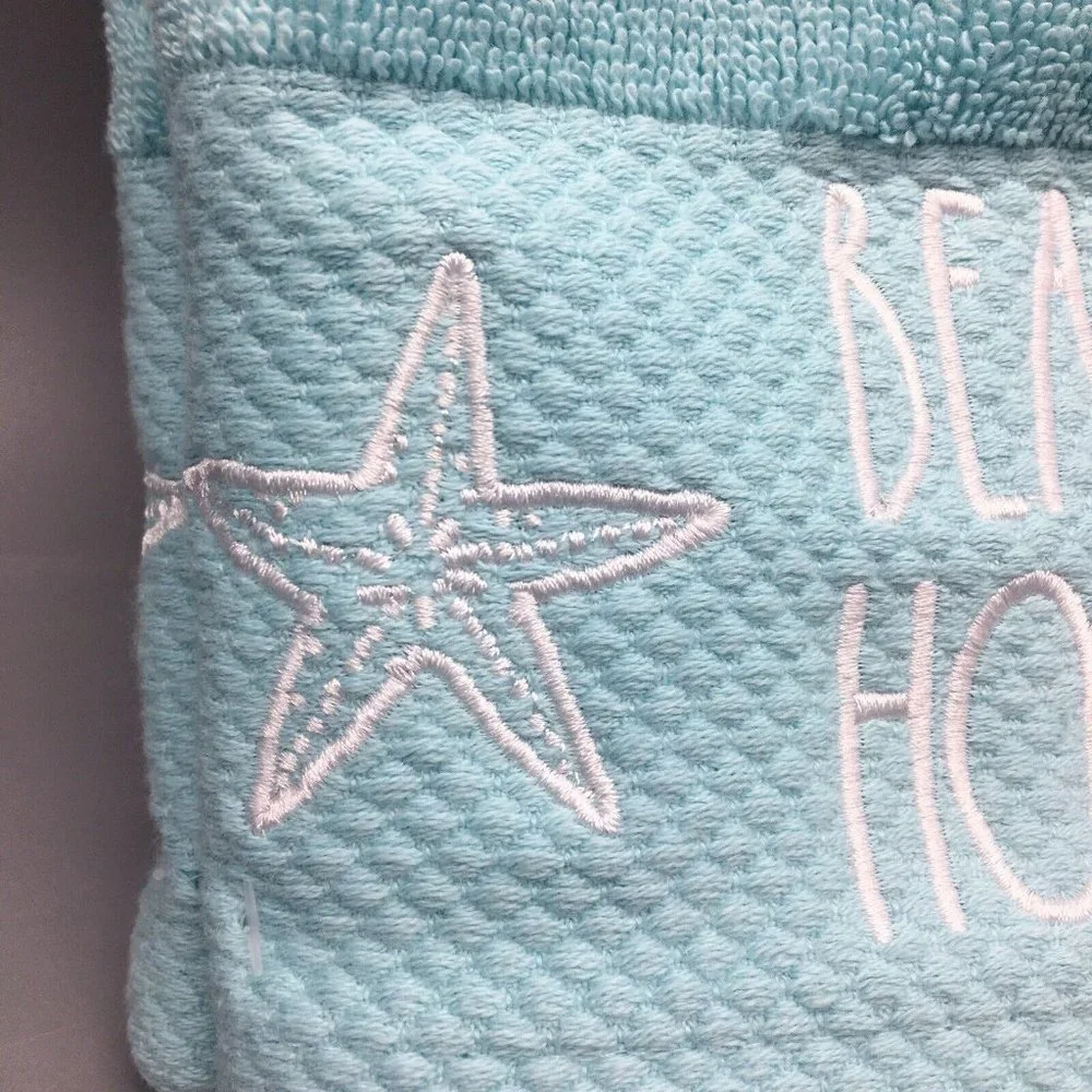 x2 Rae Dunn BEACH HOUSE Starfish Terry Bathroom Hand Towel Set Turquoise NEW